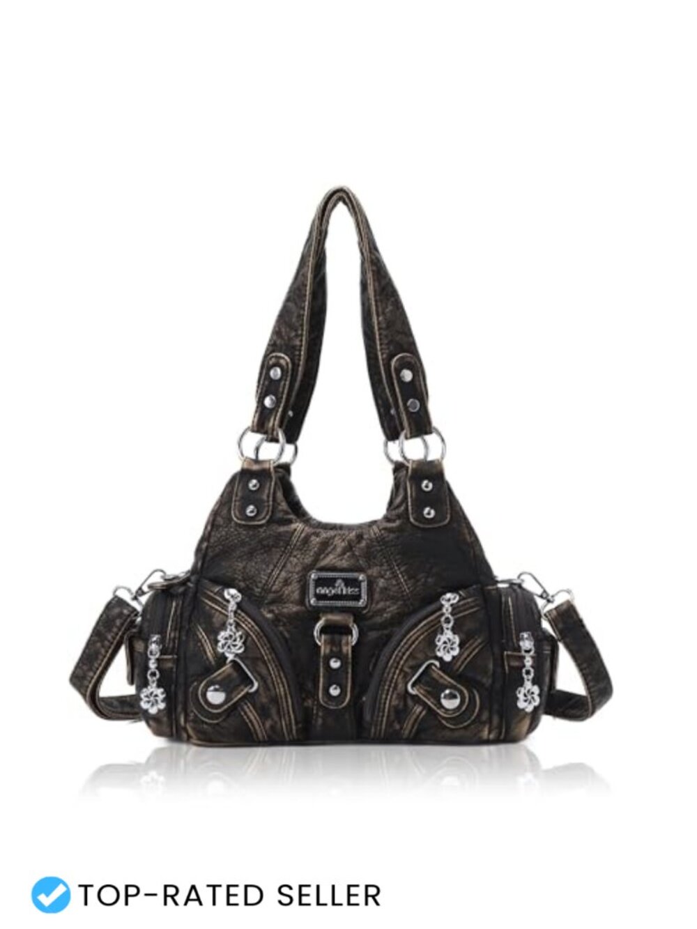 Faux Leather Hobo Shoulder Bag Multi-Pocket Tote with Zipper Small Vegan